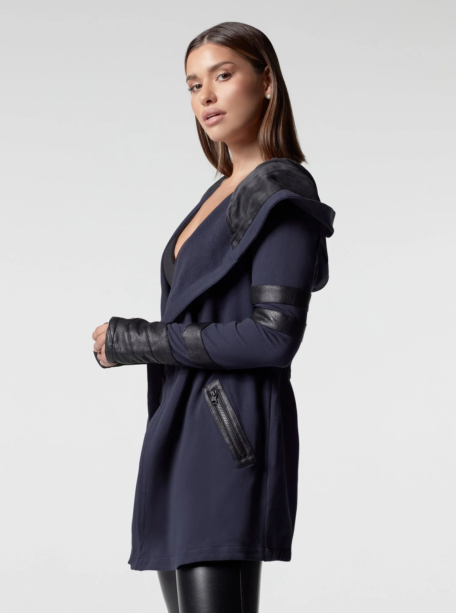Maitri Stretch Wrap Traveler Jacket - with Silk Lined Hood and Vegan Leather Details Limited Edition Patriot Blue - Image 7