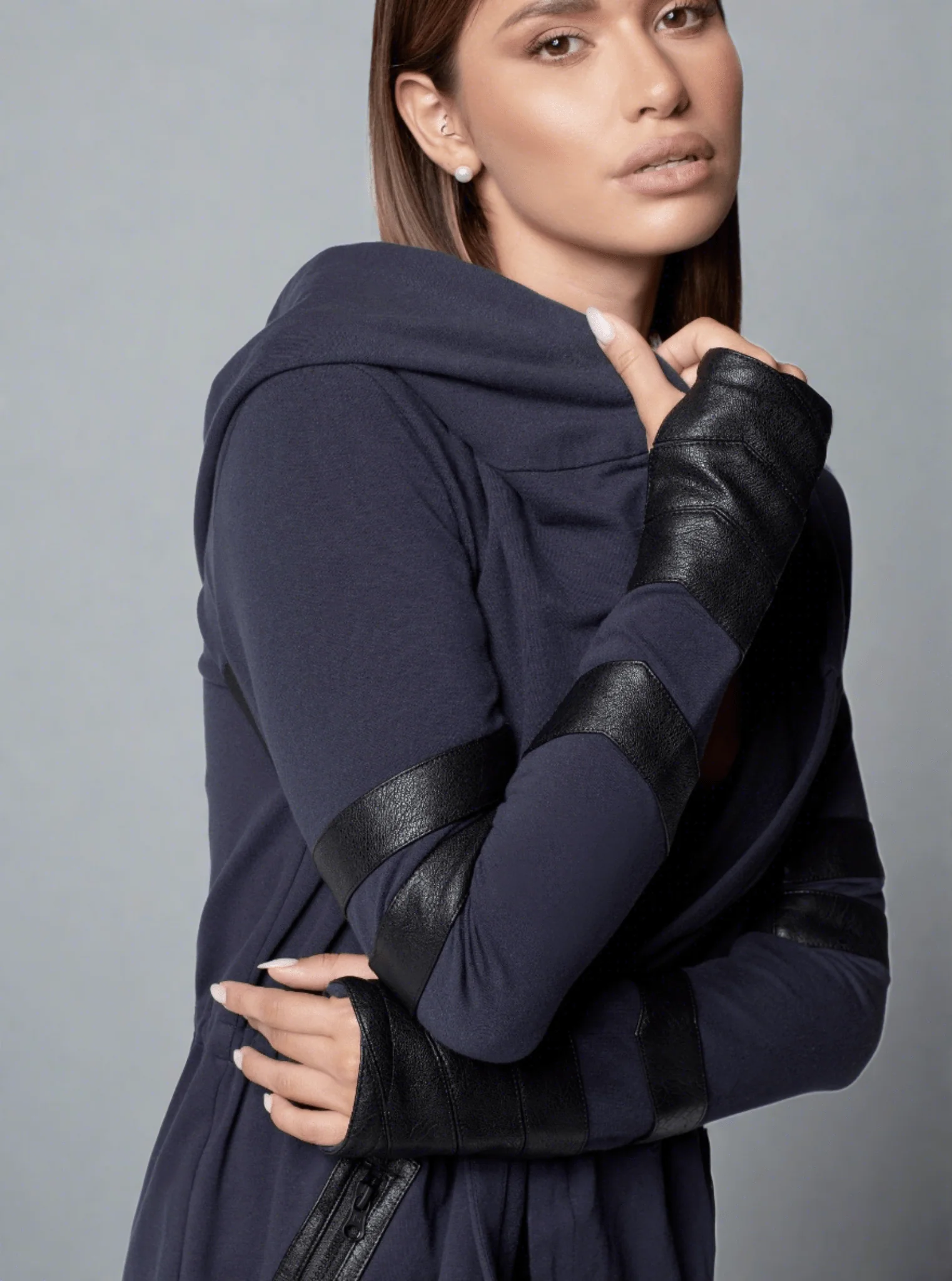 Maitri Stretch Wrap Traveler Jacket - with Silk Lined Hood and Vegan Leather Details Limited Edition Patriot Blue - Image 8