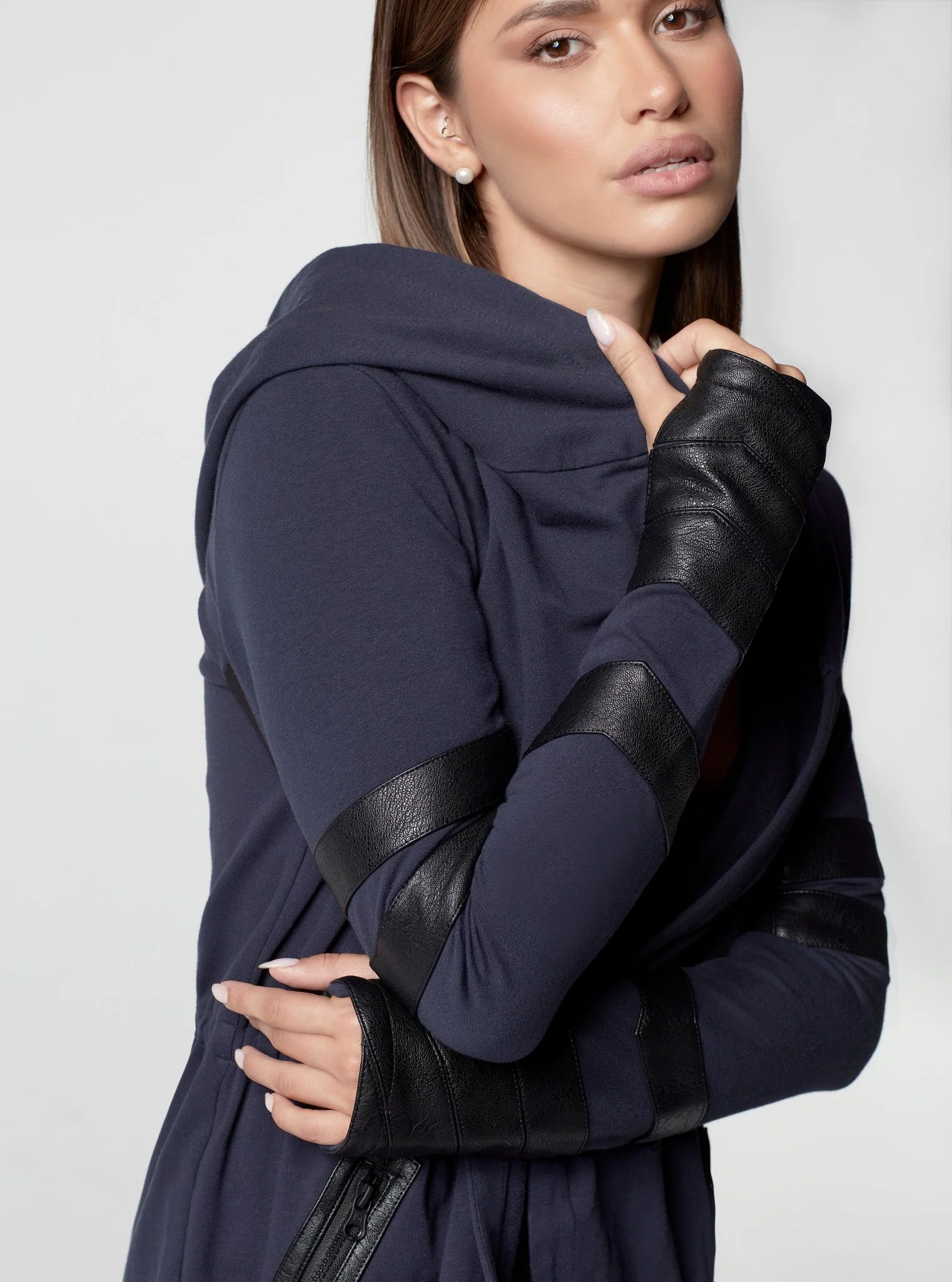 Maitri Stretch Wrap Traveler Jacket - with Silk Lined Hood and Vegan Leather Details Limited Edition Patriot Blue - Image 9