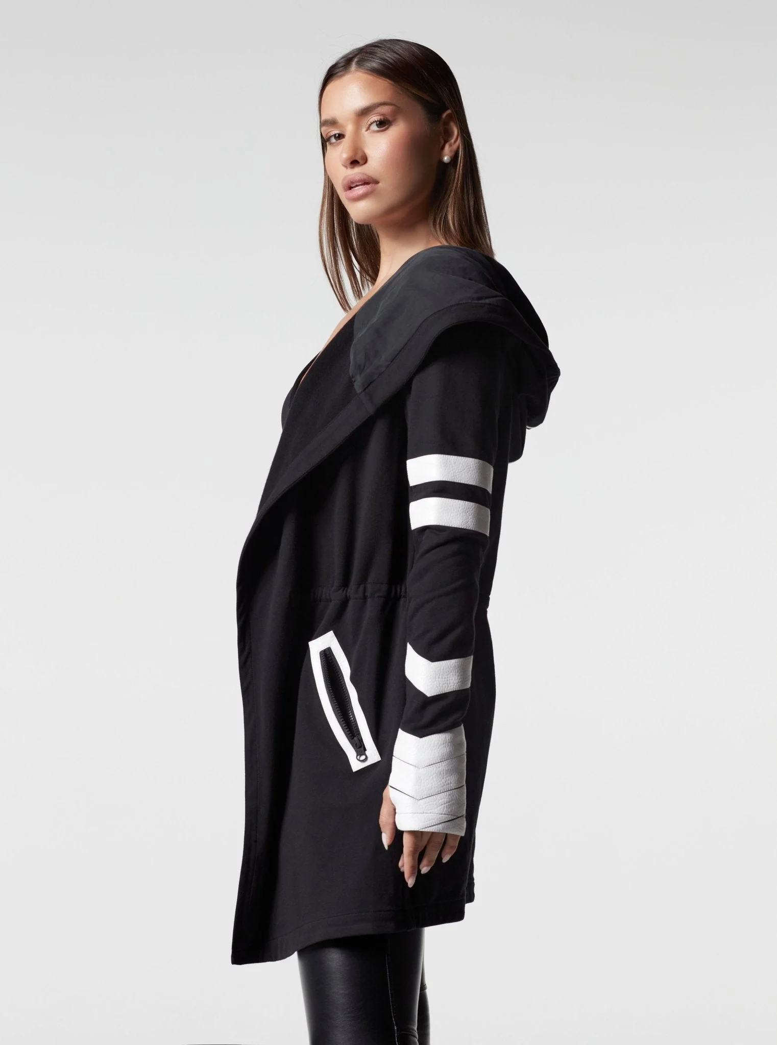 Maitri Stretch Wrap Traveler Jacket with Silk Lined Hood Black/White Vegan Leather Details - Image 3