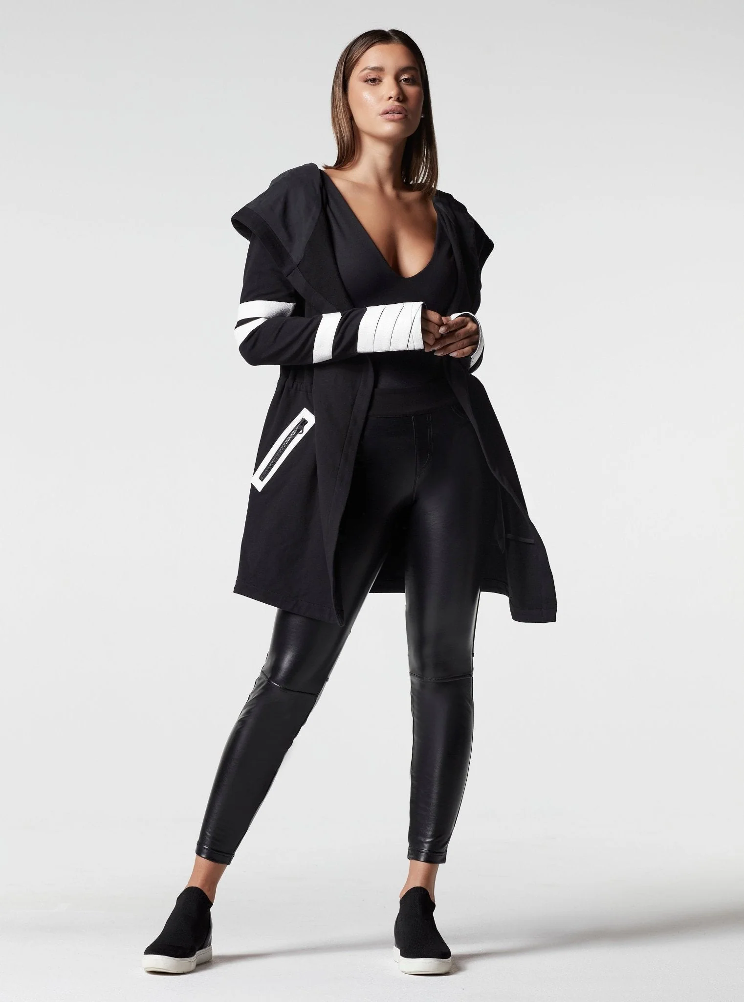 Maitri Stretch Wrap Traveler Jacket with Silk Lined Hood Black/White Vegan Leather Details - Image 4