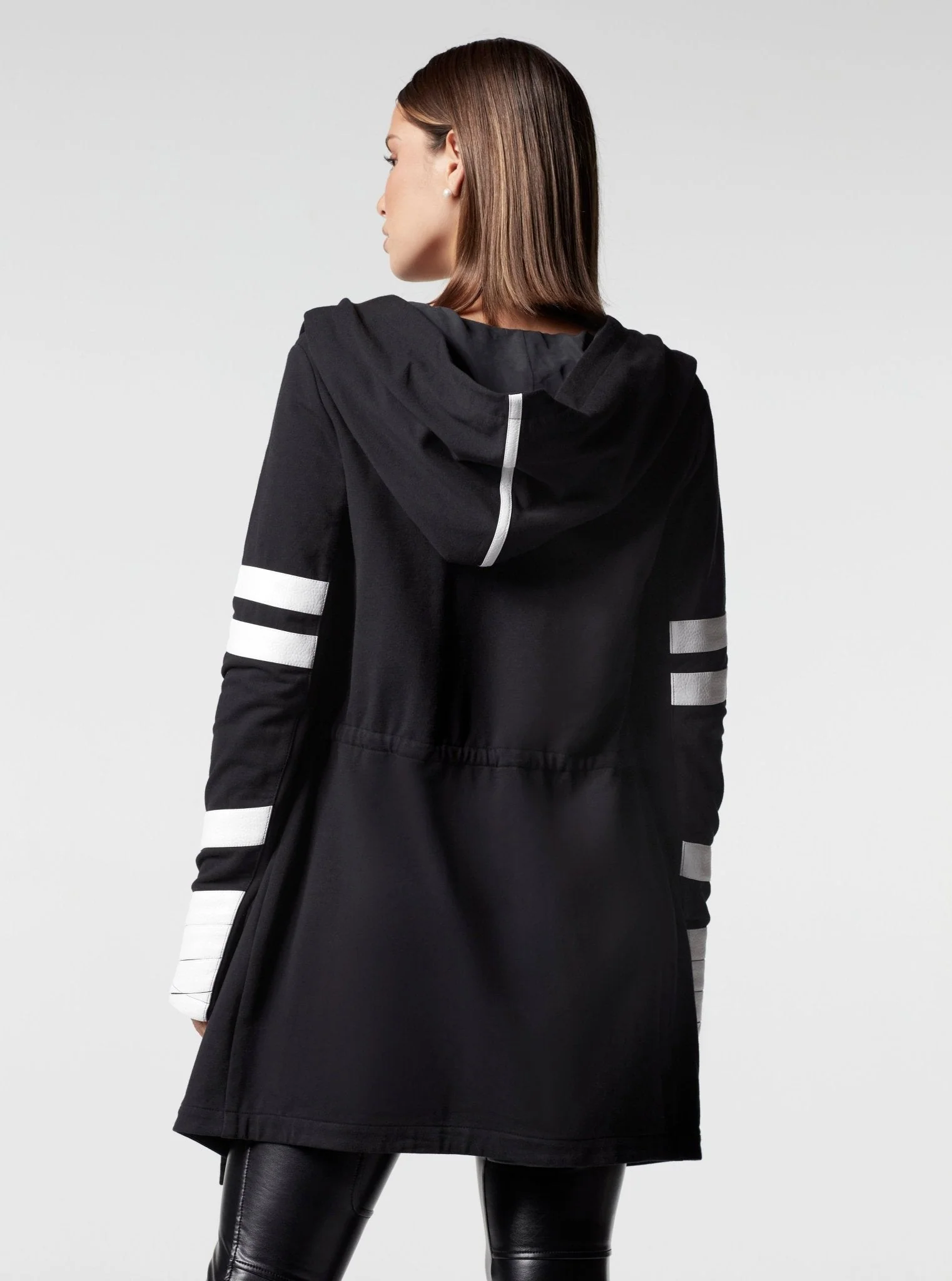 Maitri Stretch Wrap Traveler Jacket with Silk Lined Hood Black/White Vegan Leather Details - Image 5