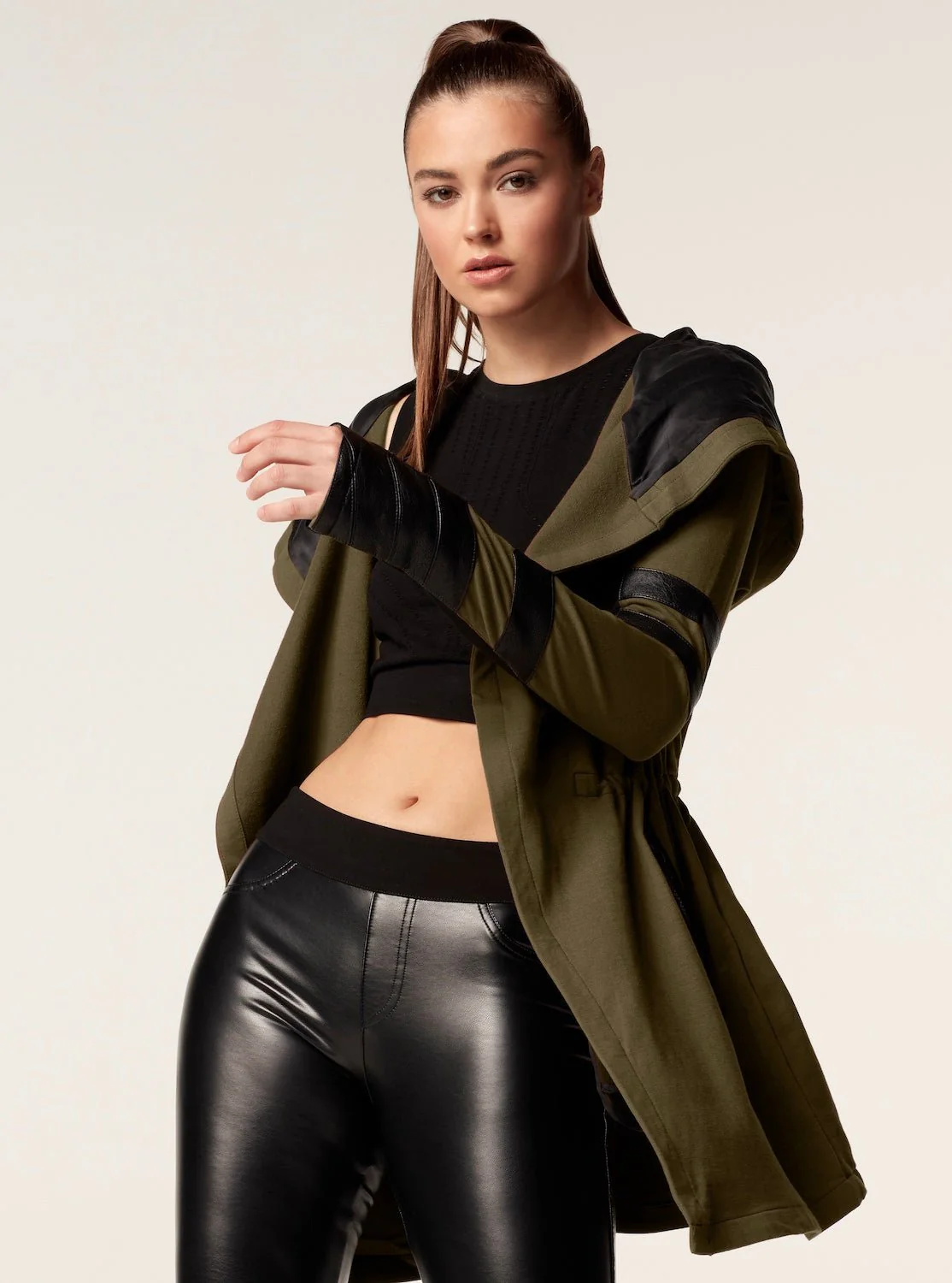 Maitri Stretch Wrap Traveler Jacket with Silk Lined Hood Vegan Leather Details - Olive - Image 3
