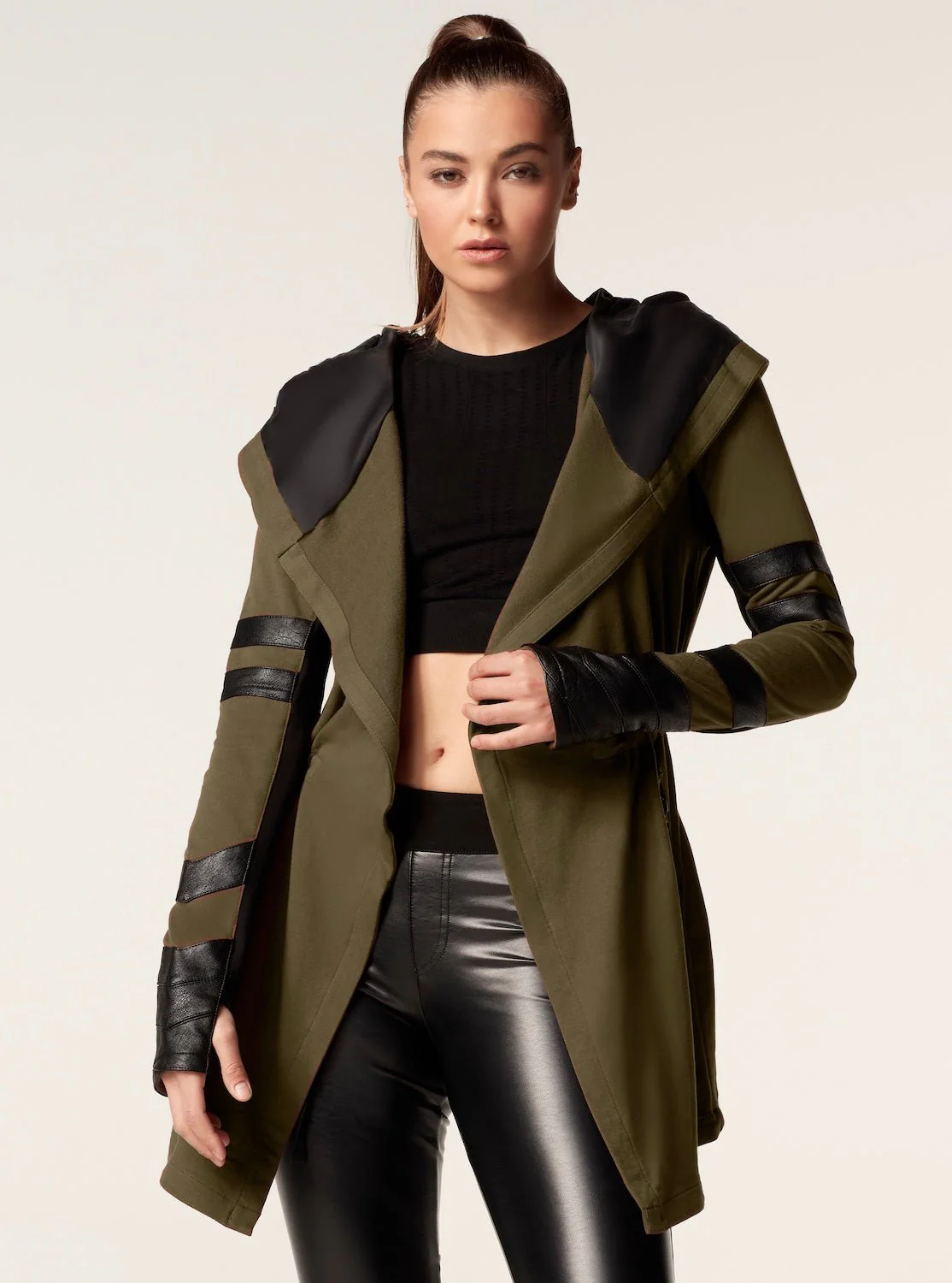 Maitri Stretch Wrap Traveler Jacket with Silk Lined Hood Vegan Leather Details - Olive - Image 4