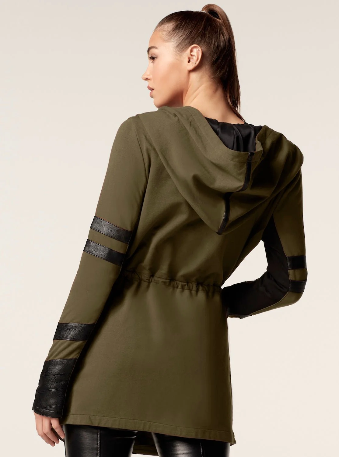 Maitri Stretch Wrap Traveler Jacket with Silk Lined Hood Vegan Leather Details - Olive - Image 6