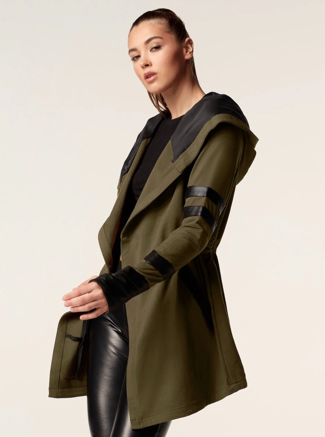 Maitri Stretch Wrap Traveler Jacket with Silk Lined Hood Vegan Leather Details - Olive - Image 7