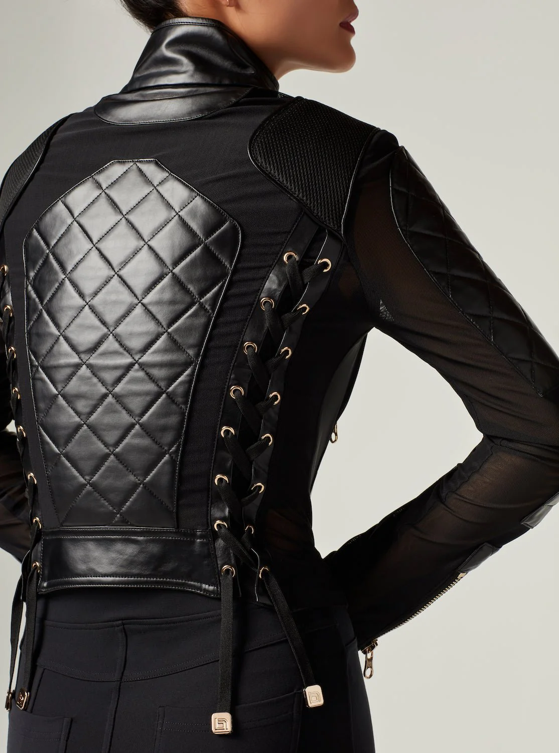 Mesh Moto Jacket with Black Leather & Gold Trims - Gold Collection with Lace Up Back - Image 10