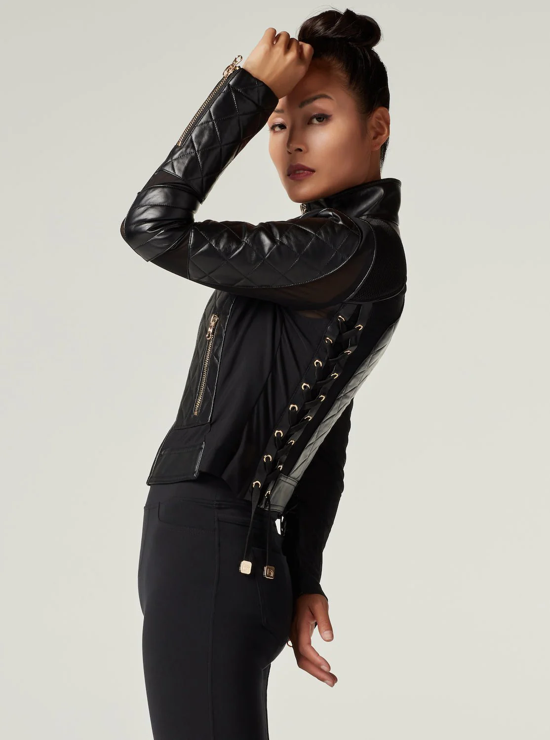 Mesh Moto Jacket with Black Leather & Gold Trims - Gold Collection with Lace Up Back - Image 5