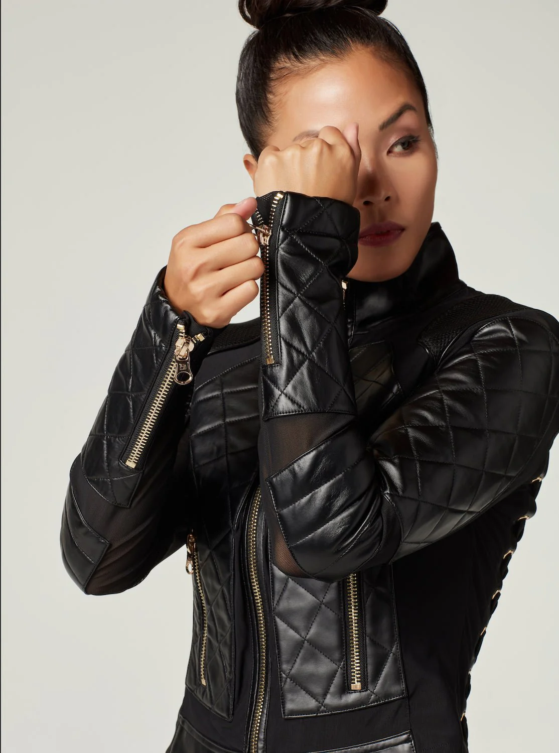 Mesh Moto Jacket with Black Leather & Gold Trims - Gold Collection with Lace Up Back - Image 8