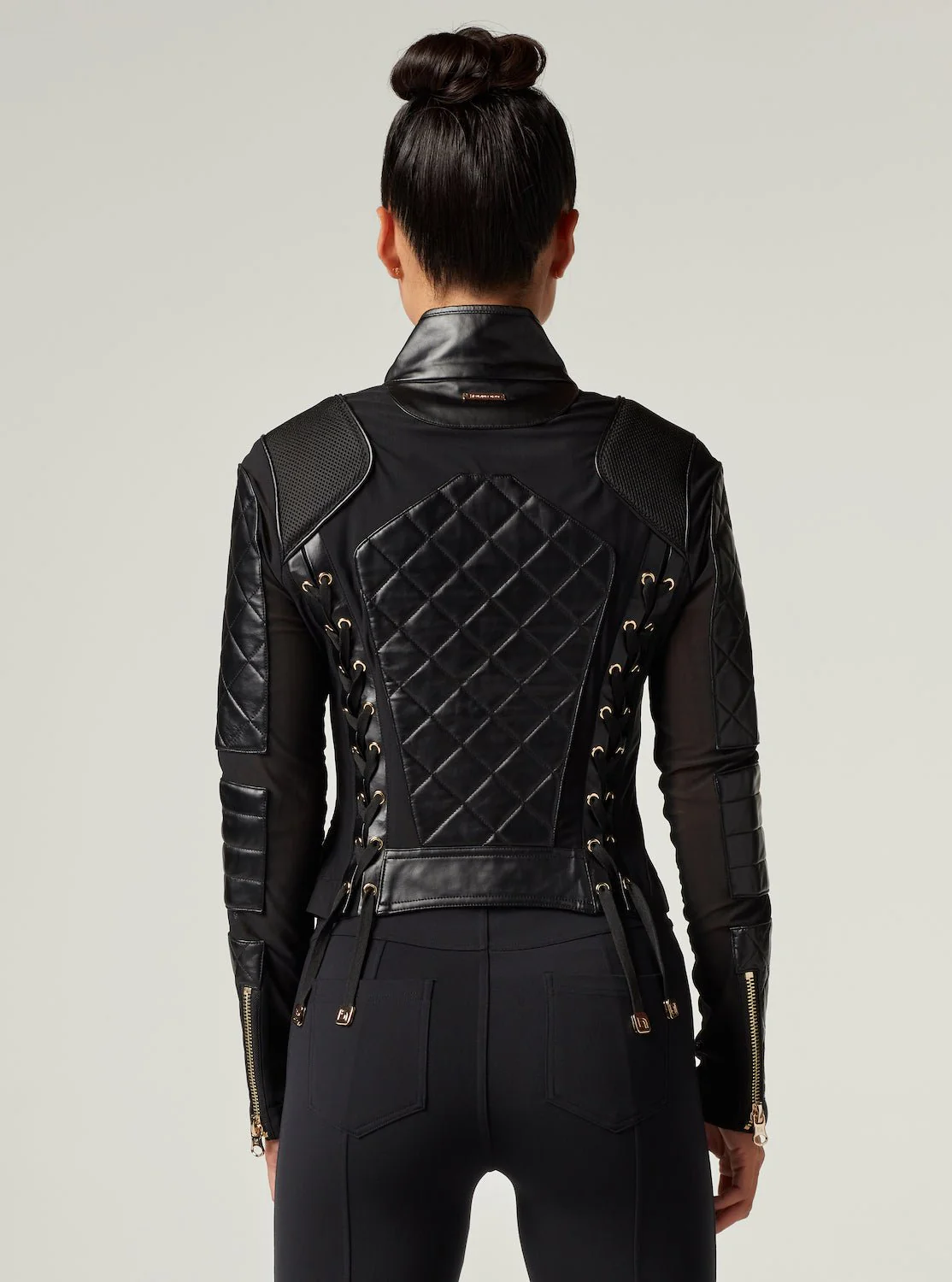 Mesh Moto Jacket with Black Leather & Gold Trims - Gold Collection with Lace Up Back - Image 9