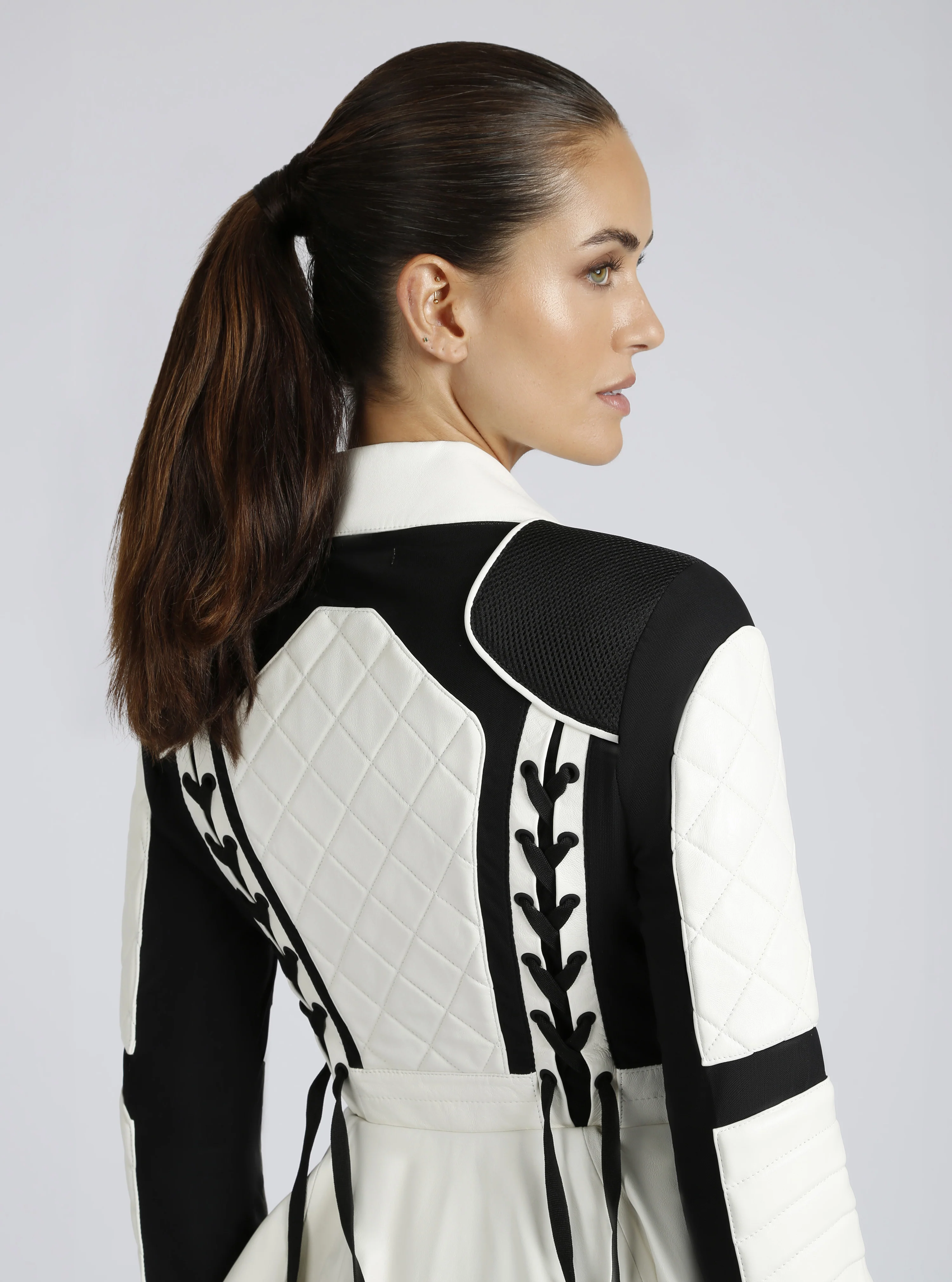 Moto Mesh Genuine Leather Peplum Jacket Black/White - Image 3