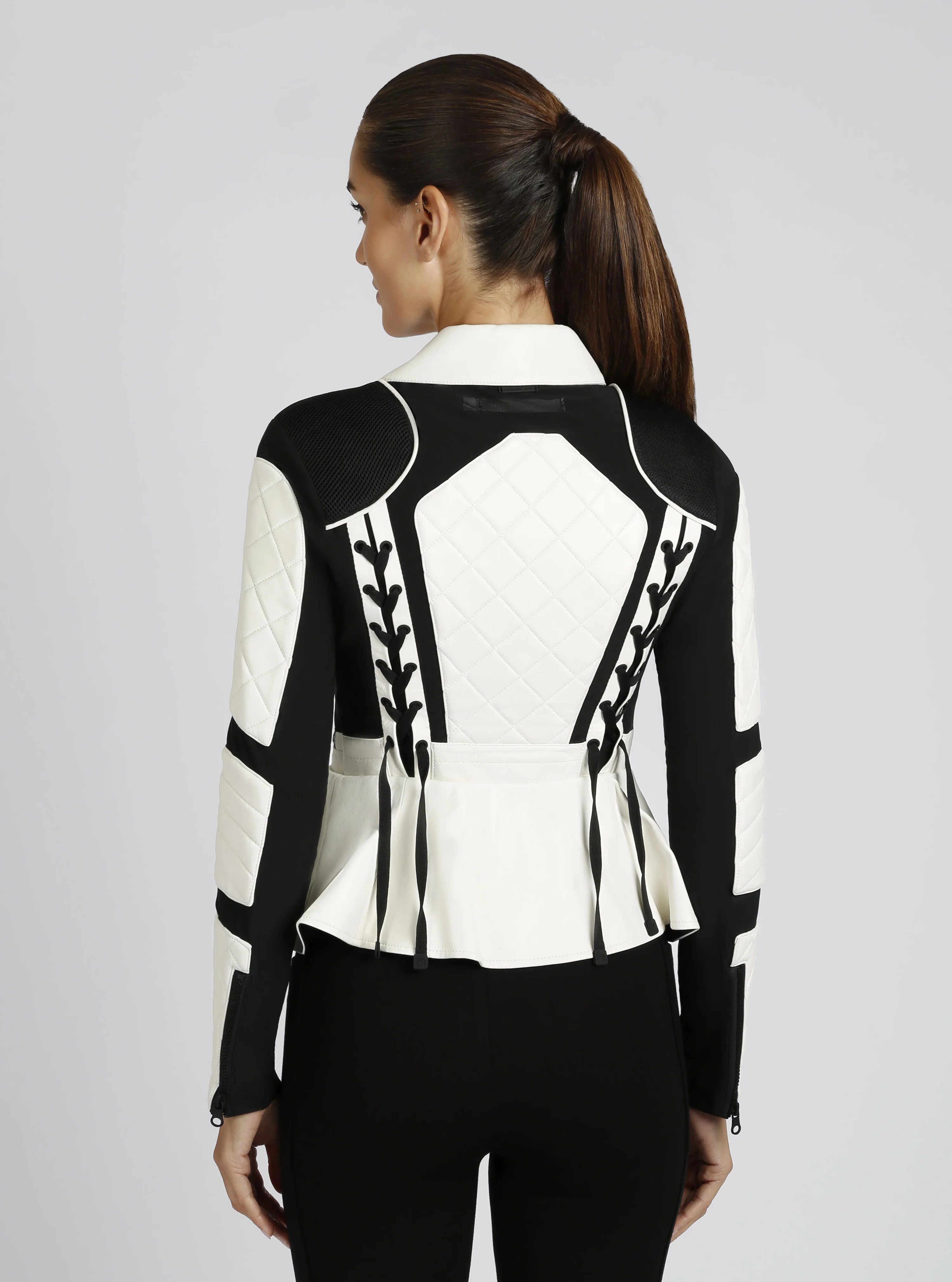 Moto Mesh Genuine Leather Peplum Jacket Black/White - Image 5