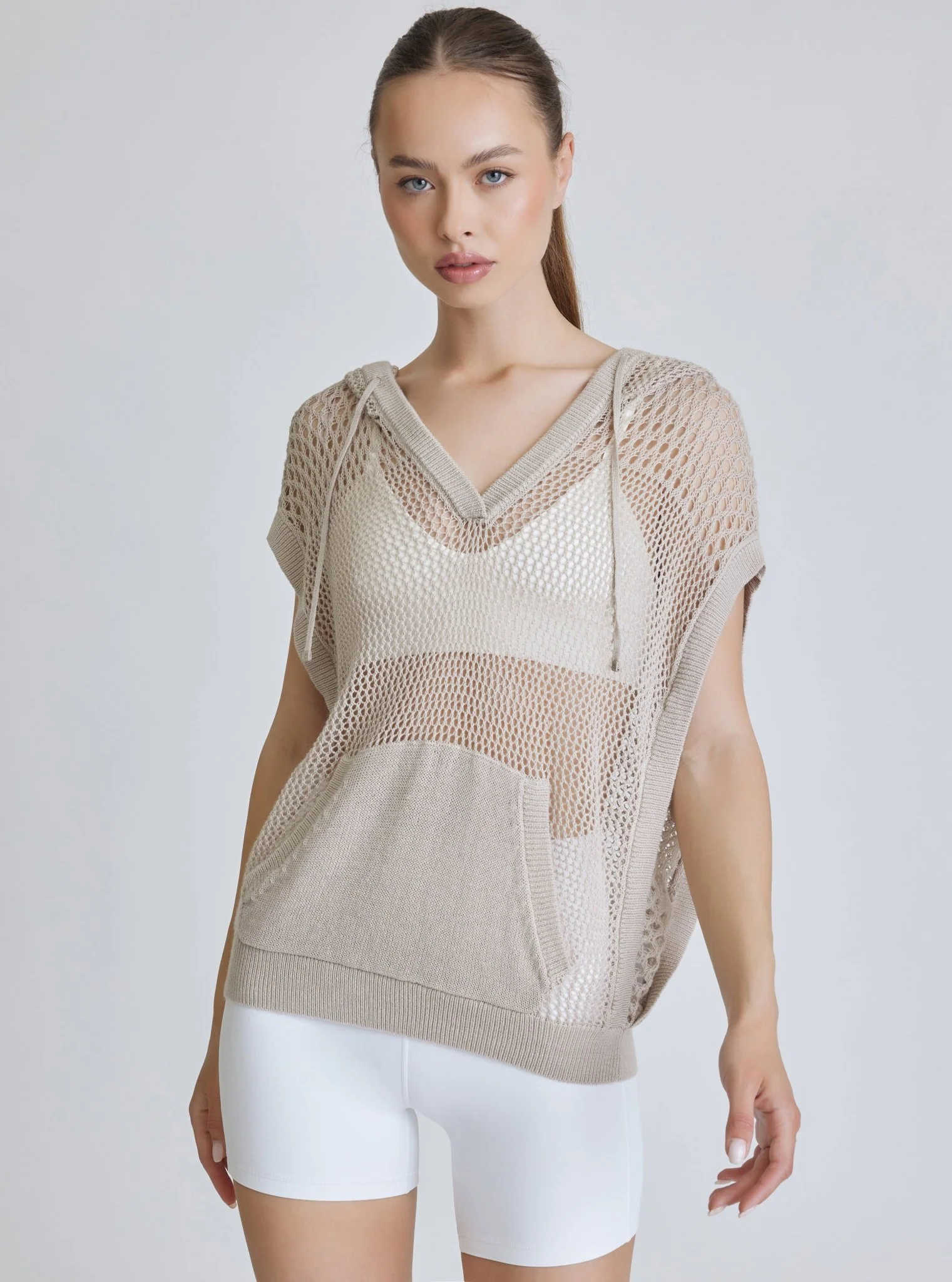 Pullover Crochet Sleeveless Hoodie - Pumice - FINAL SALE - Image 4
