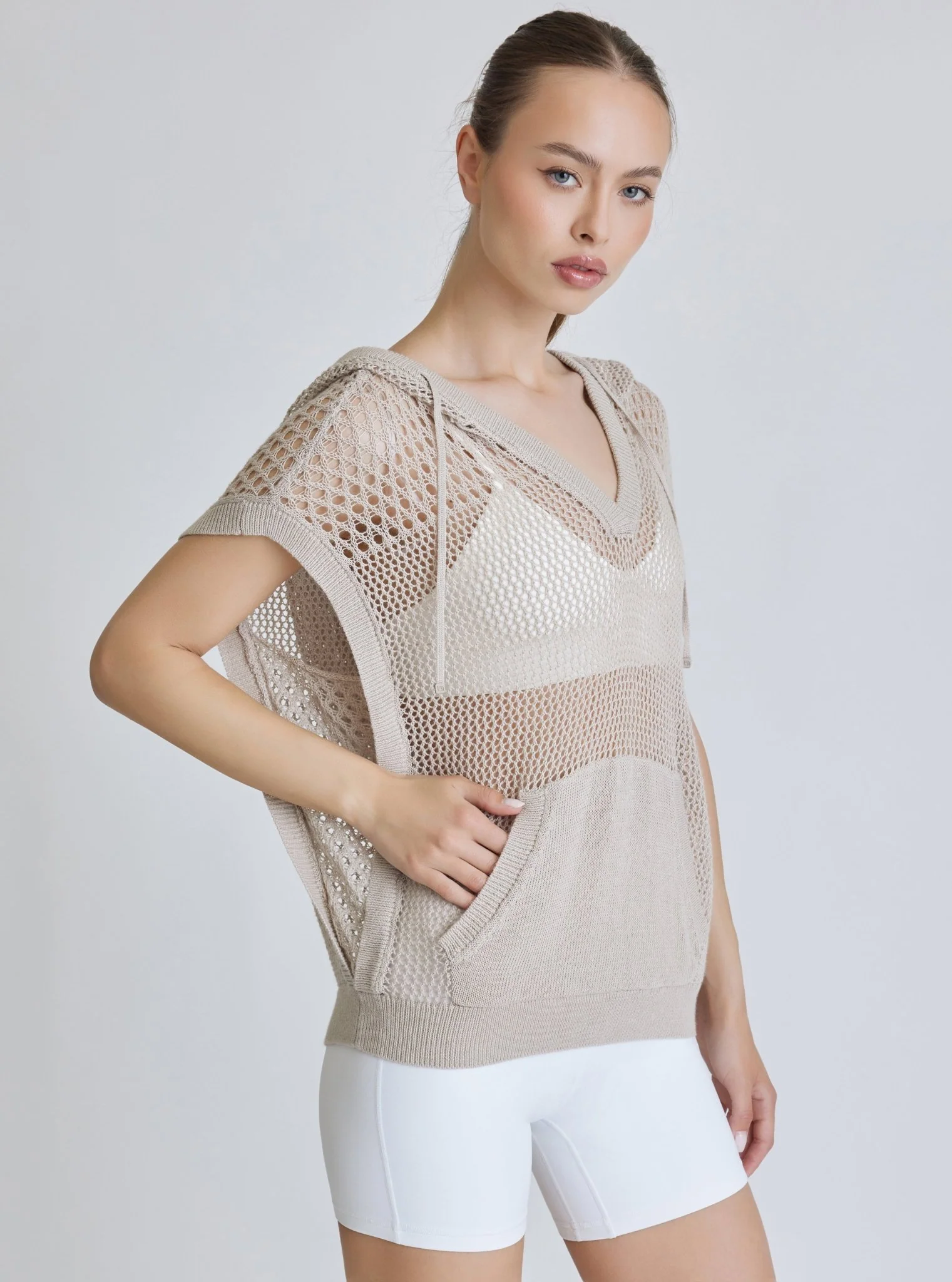 Pullover Crochet Sleeveless Hoodie - Pumice - FINAL SALE - Image 6