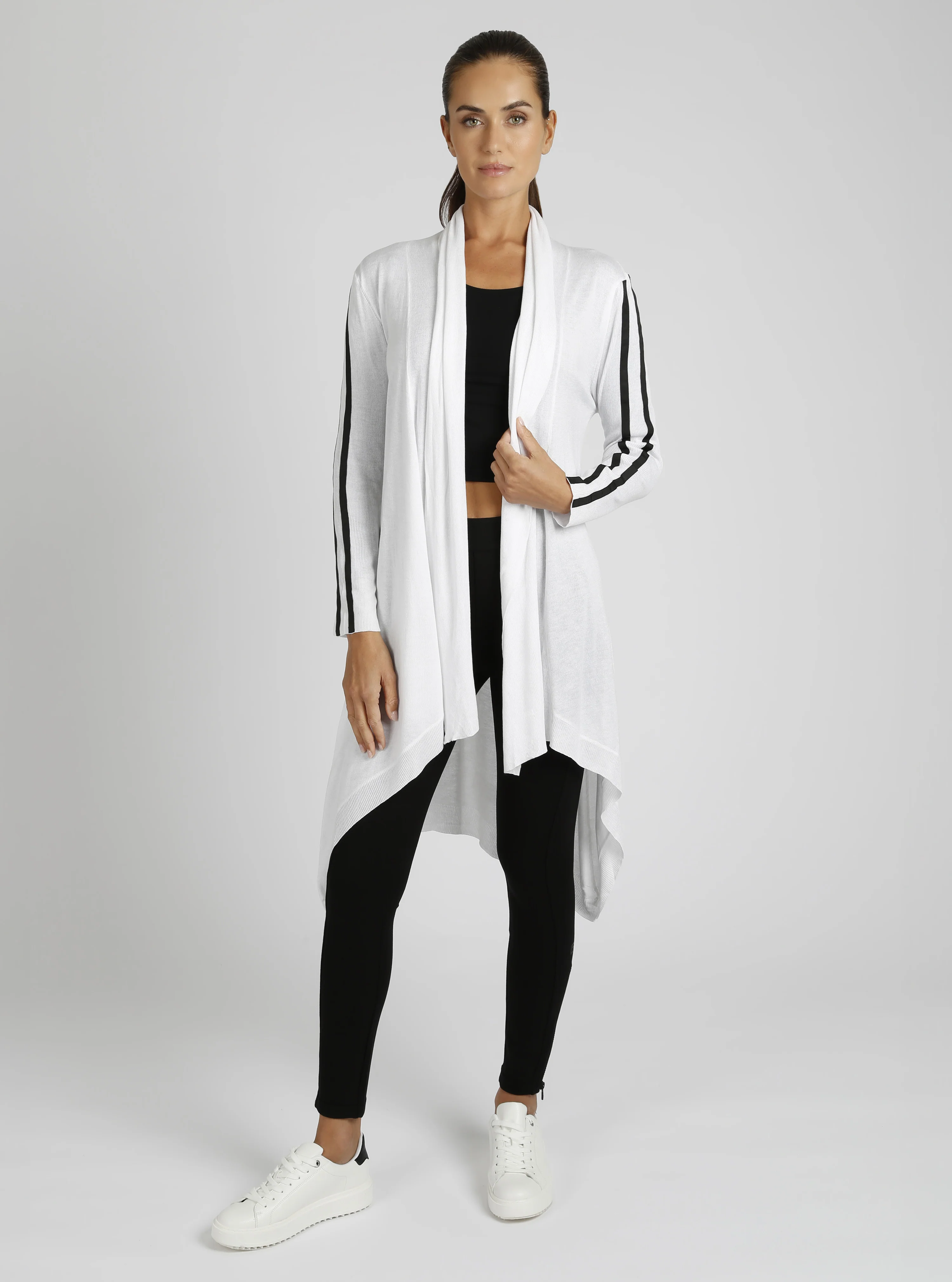 Sporty Drape Front Black/White Wrap Cardigan - Image 5